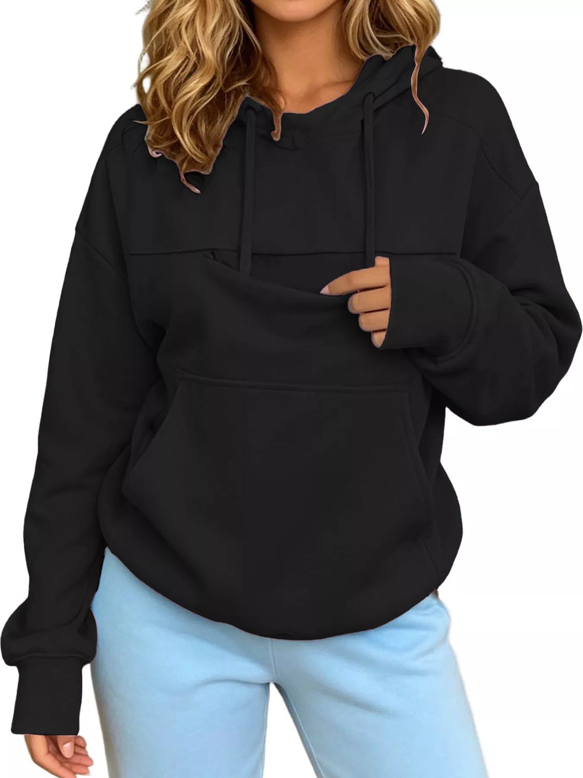 Black cat pouch drawstring hoodie with kangaroo pocket and drawstring hood