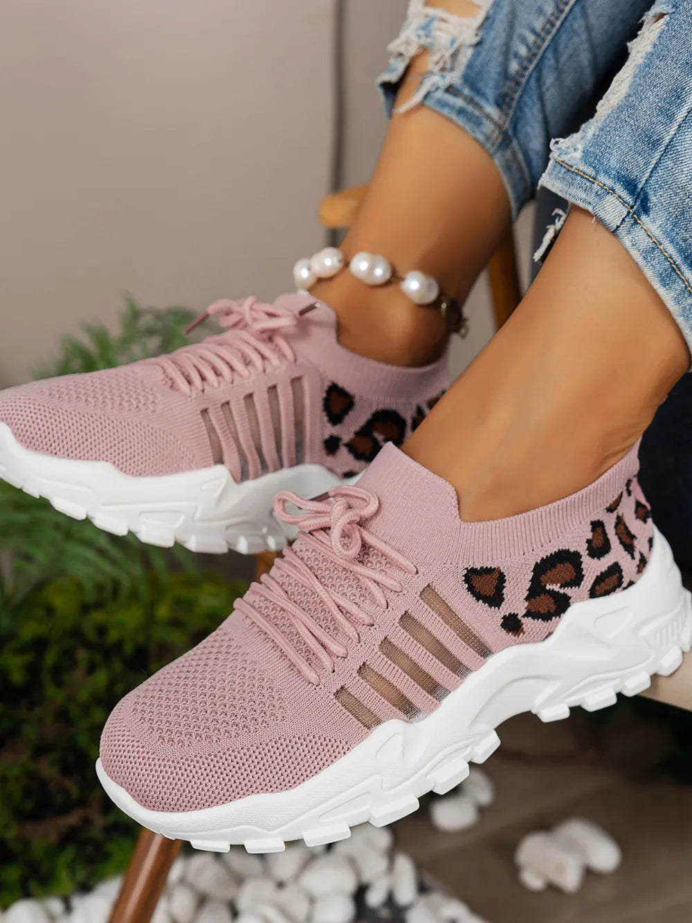 Cutout Leopard Lace-Up Mesh Athletic Sneakers – Sporty & Stylish