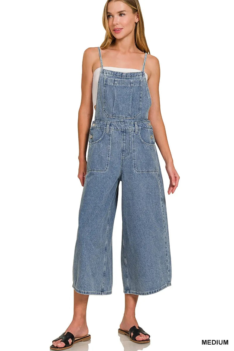 Medium Washed Wide Leg Denim Overalls | Women’s Retro Casual Jeans