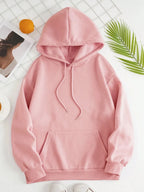 Blush pink pullover hoodie with drawstring hood, long sleeves, and front kangaroo pocket