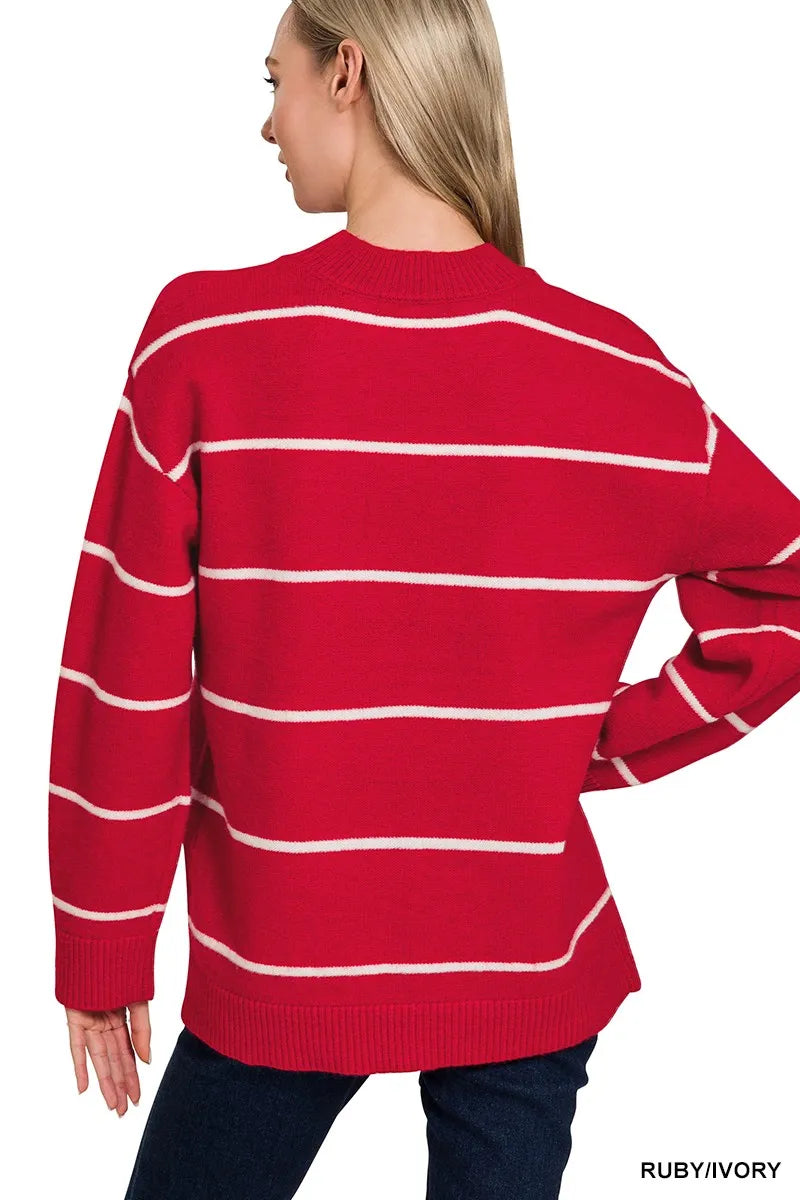 Red Striped Pullover Sweater | Classic Women’s Knit Crewneck Top