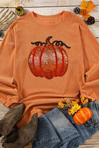Sequin Pumpkin Round Neck Long Sleeve Sweatshirt – Festive Fall Style