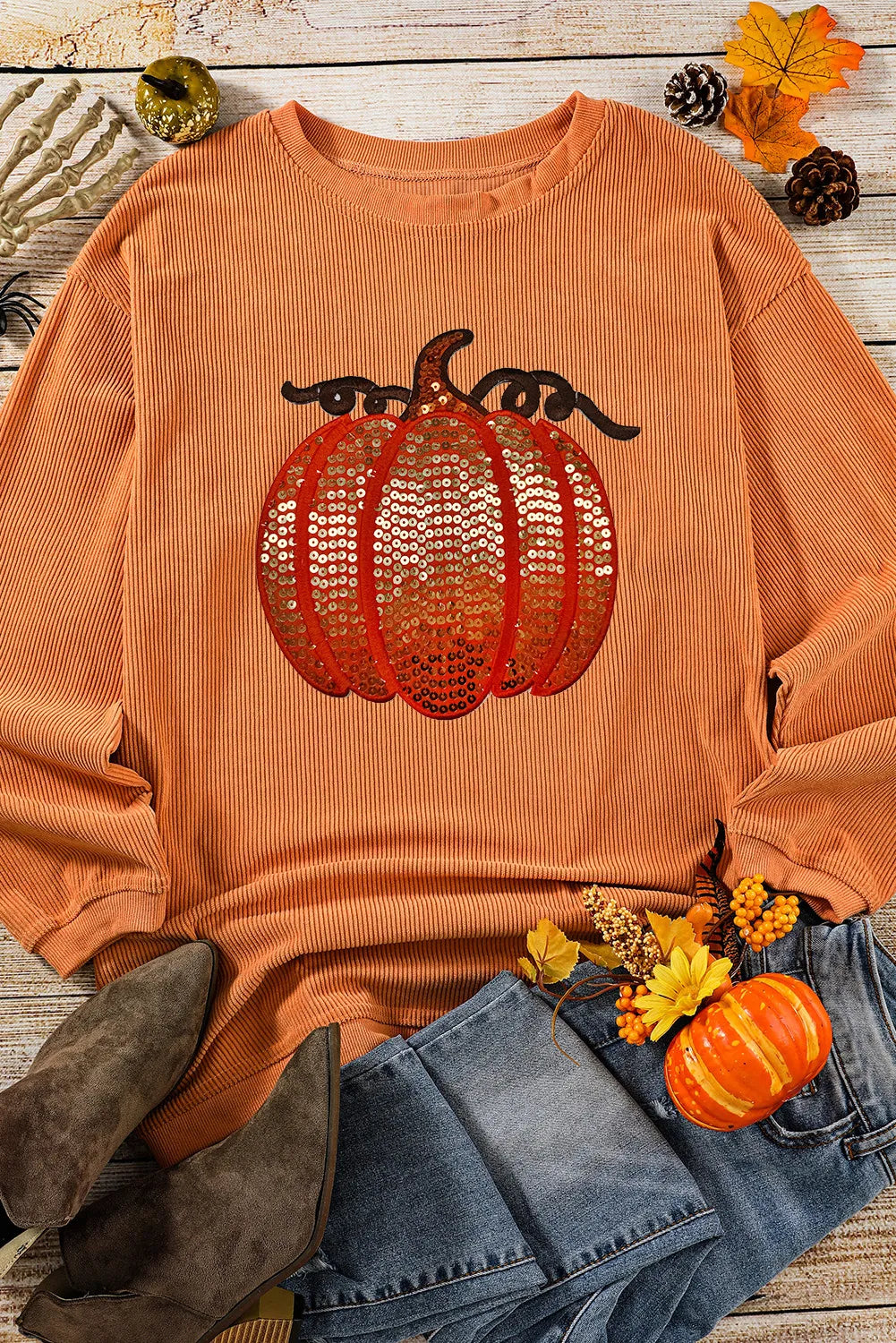 Sequin Pumpkin Round Neck Long Sleeve Sweatshirt – Festive Fall Style