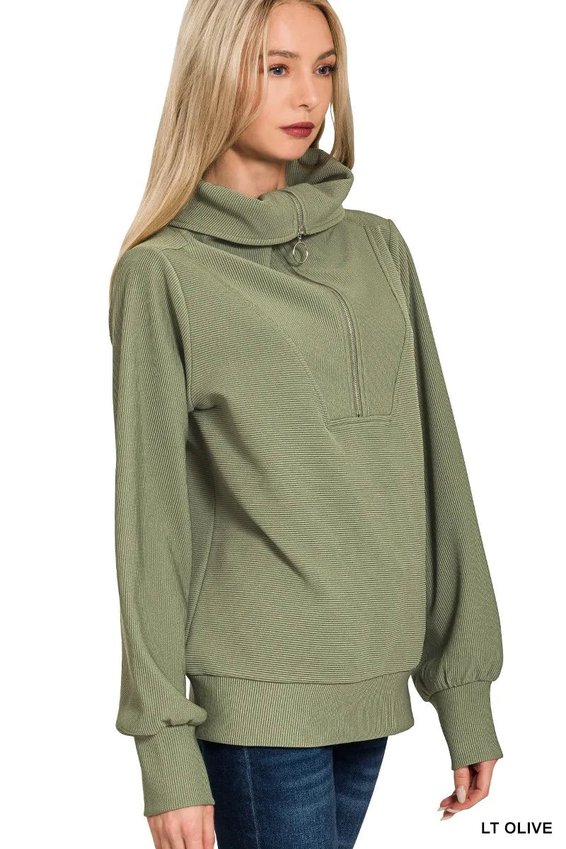Olive Green Ribbed Knit Lounge Set – Half-Zip Hoodie & Palazzo Pants
