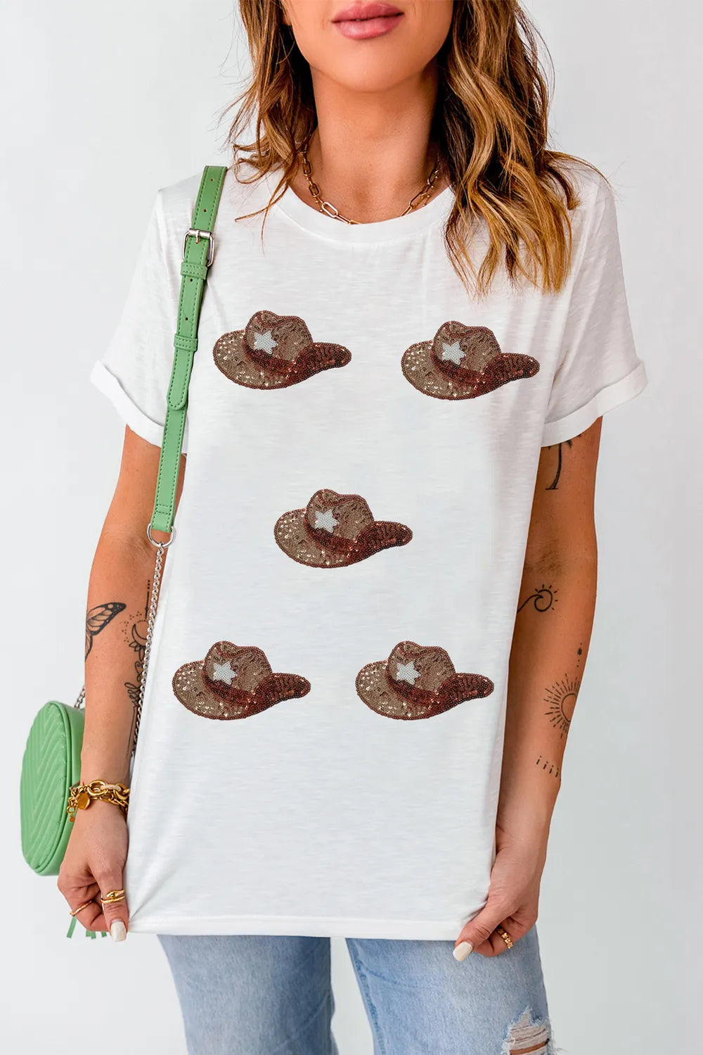 Sequin Hat Round Neck Short Sleeve T-Shirt – Festive Holiday Style