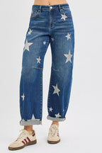 Dreamkue-Risen Women's Ankle Length Relaxed Barrel Star Print Jeans Trendy Casual Denim Pants