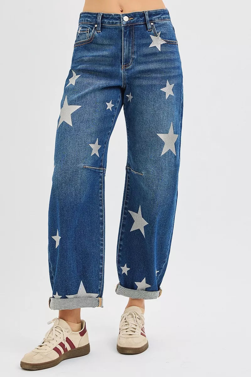Dreamkue-Risen Women's Ankle Length Relaxed Barrel Star Print Jeans Trendy Casual Denim Pants