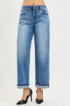 Medium-wash elastic waist boyfriend ankle jeans with cuffed hems