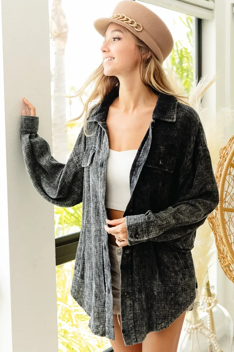 Oversized Distressed Denim Jacket – Vintage Wash & Raw Hem Style