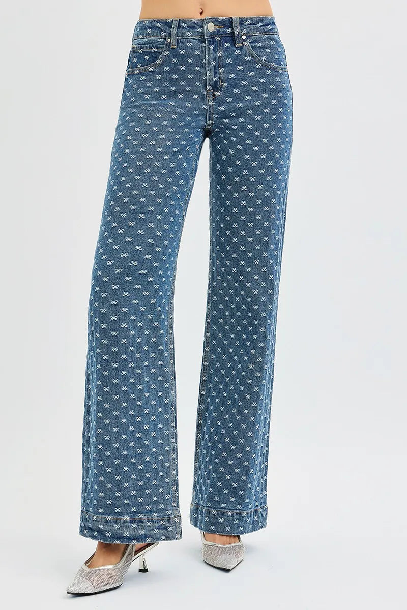 High Rise Wide Leg Bow Embroidered Jeans | Feminine Trendy Denim