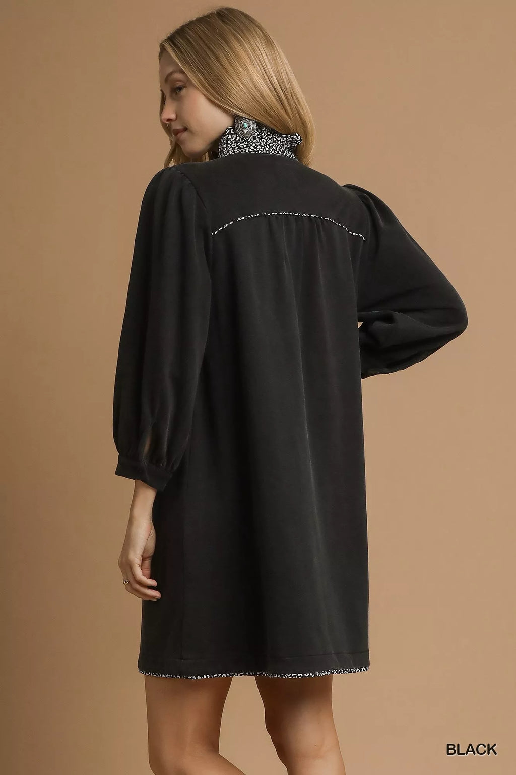 French Terry Balloon Sleeve Shift Dress with Leopard Print