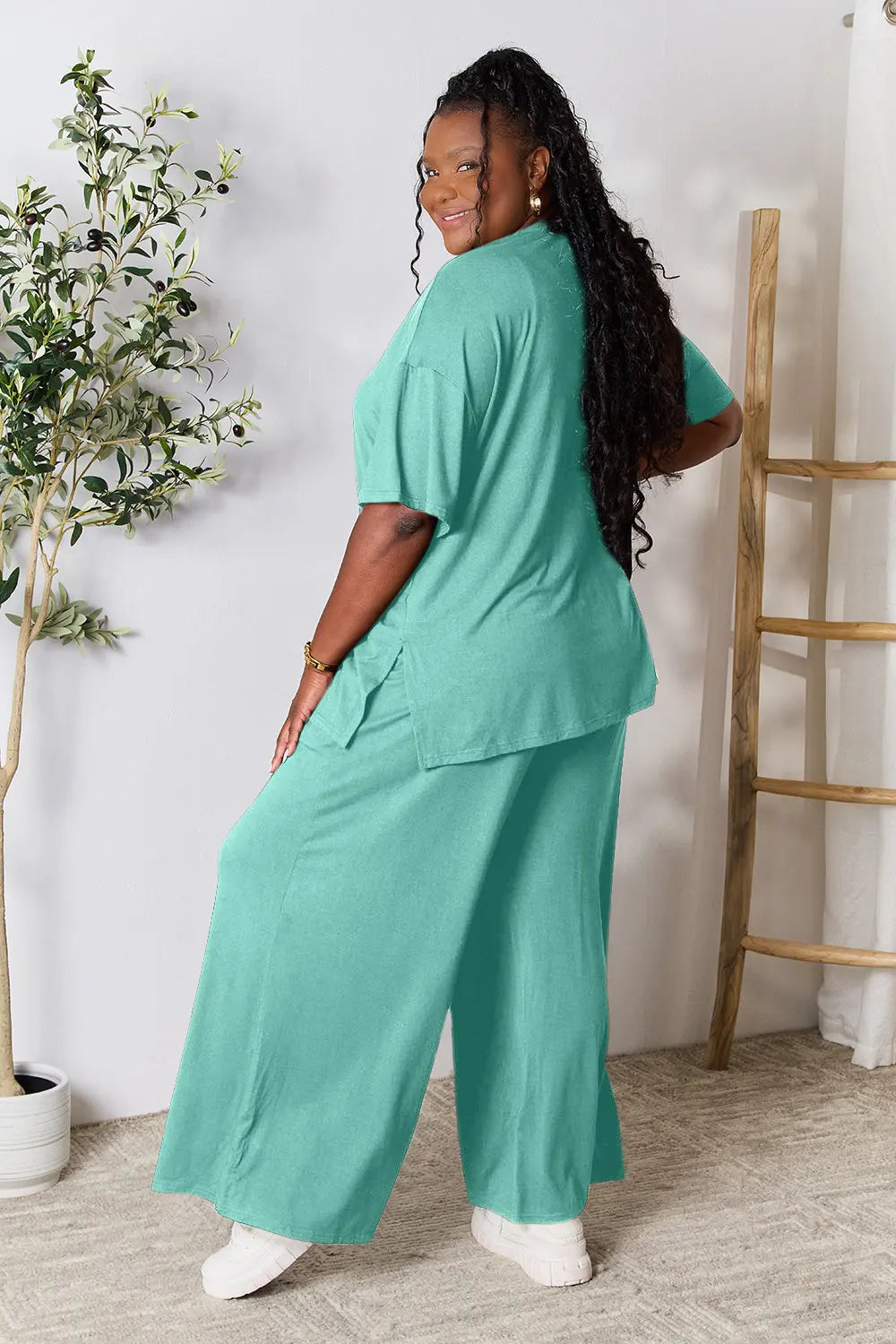 Chic Round Neck Slit Top & Pants Set – Stylish, Comfy & Versatile