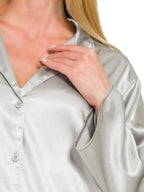 Silver Satin Oversized Blouse Luxe Button Down Elegant Lapel Collar