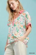 Floral v-neck oversized blouse with pink trim sleeves and button front