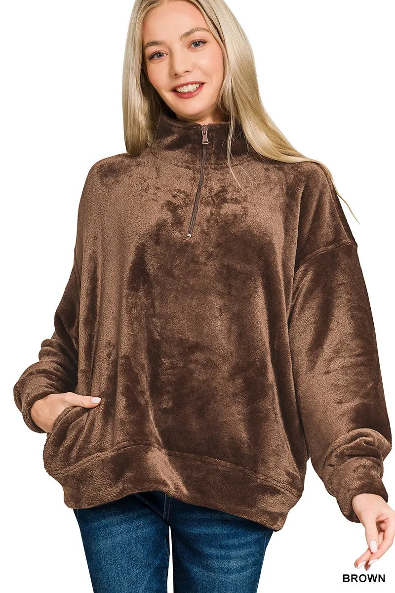 Zenana Faux Fur Half Zip Pullover – Cozy Pocketed Fleece Winter Essential
