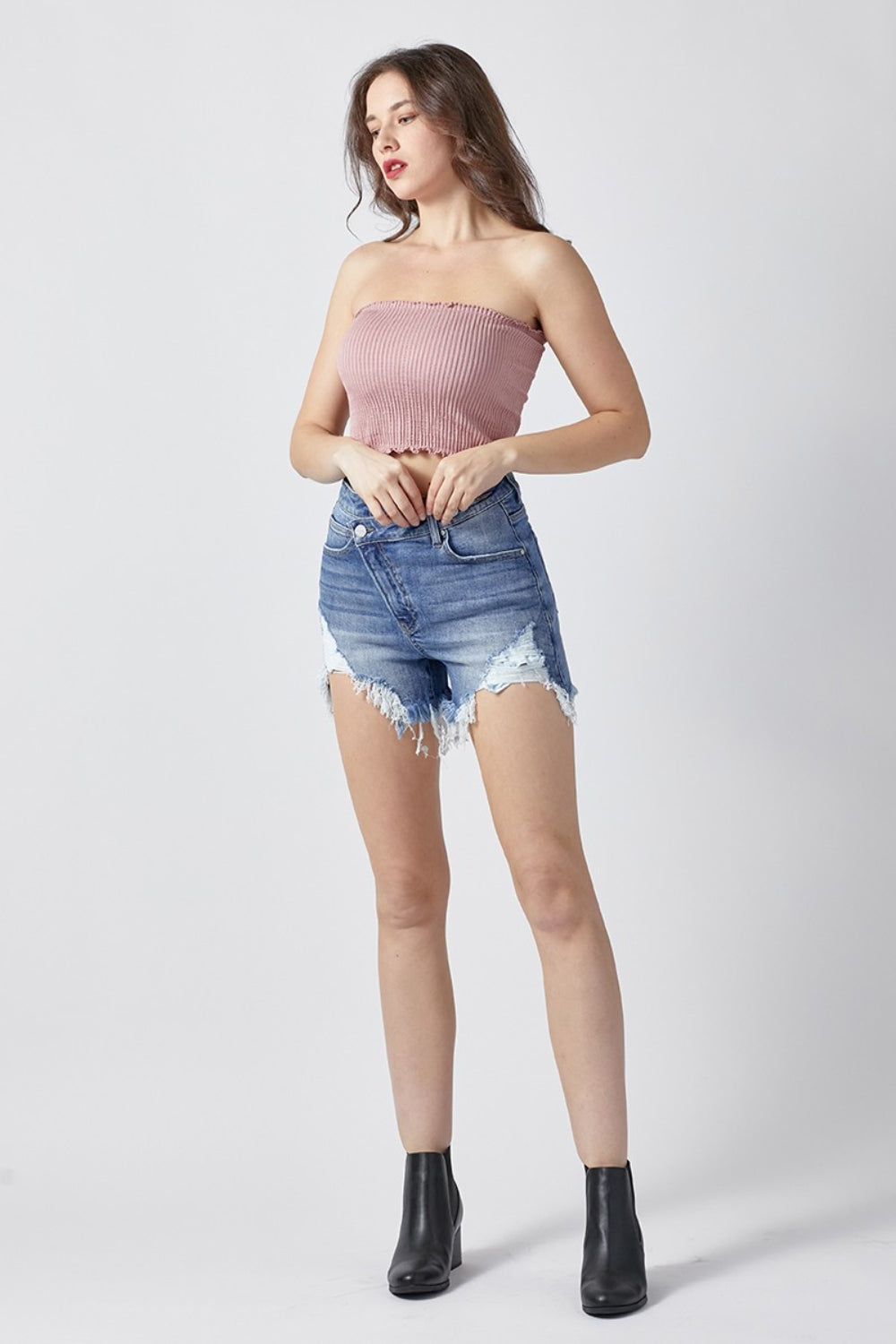 Risen Raw Hem Asymmetrical Waist Denim Shorts