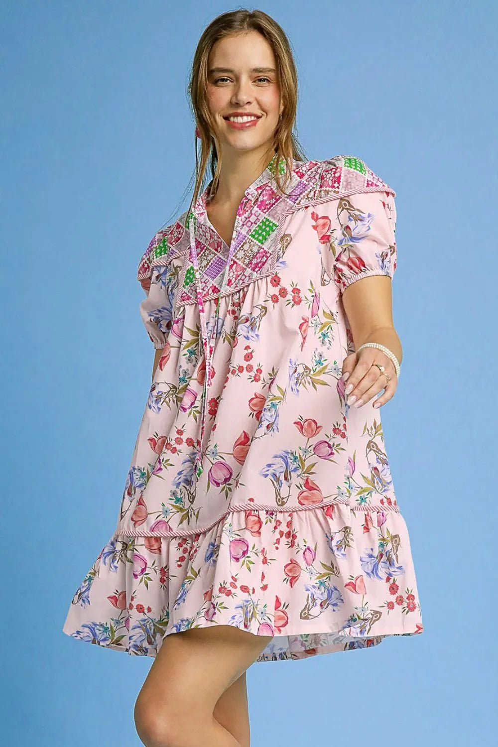 Pink Floral Babydoll Dress – Tiered Ruffles & Puff Sleeves
