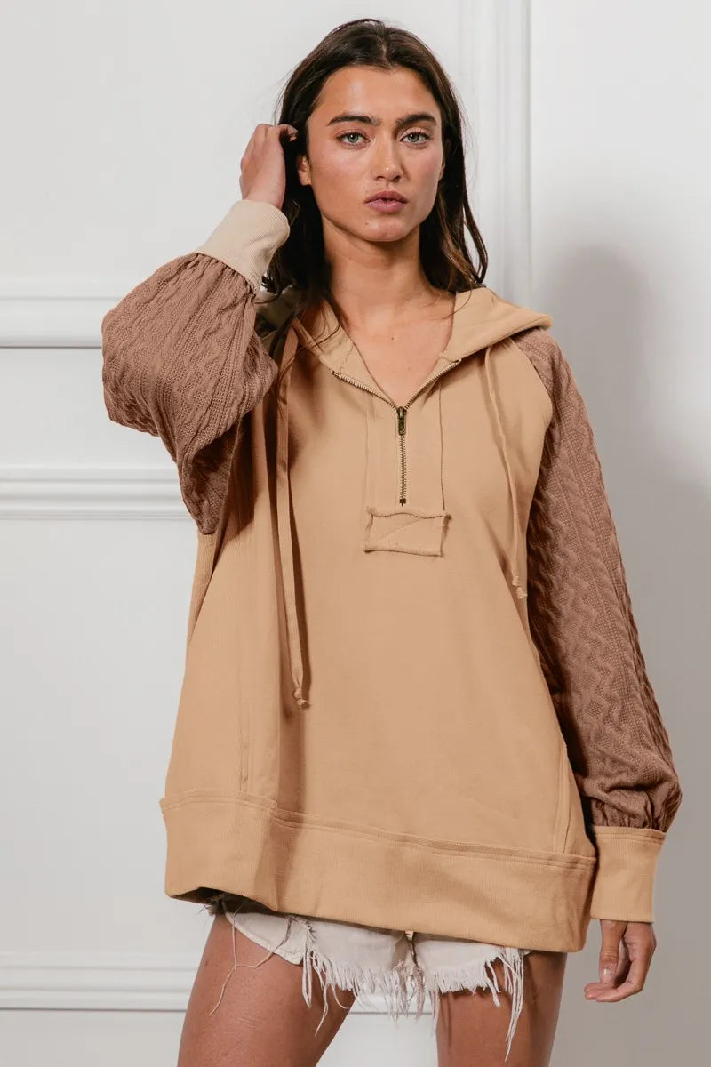 Half Zip French Terry Hoodie with Knit Sleeves