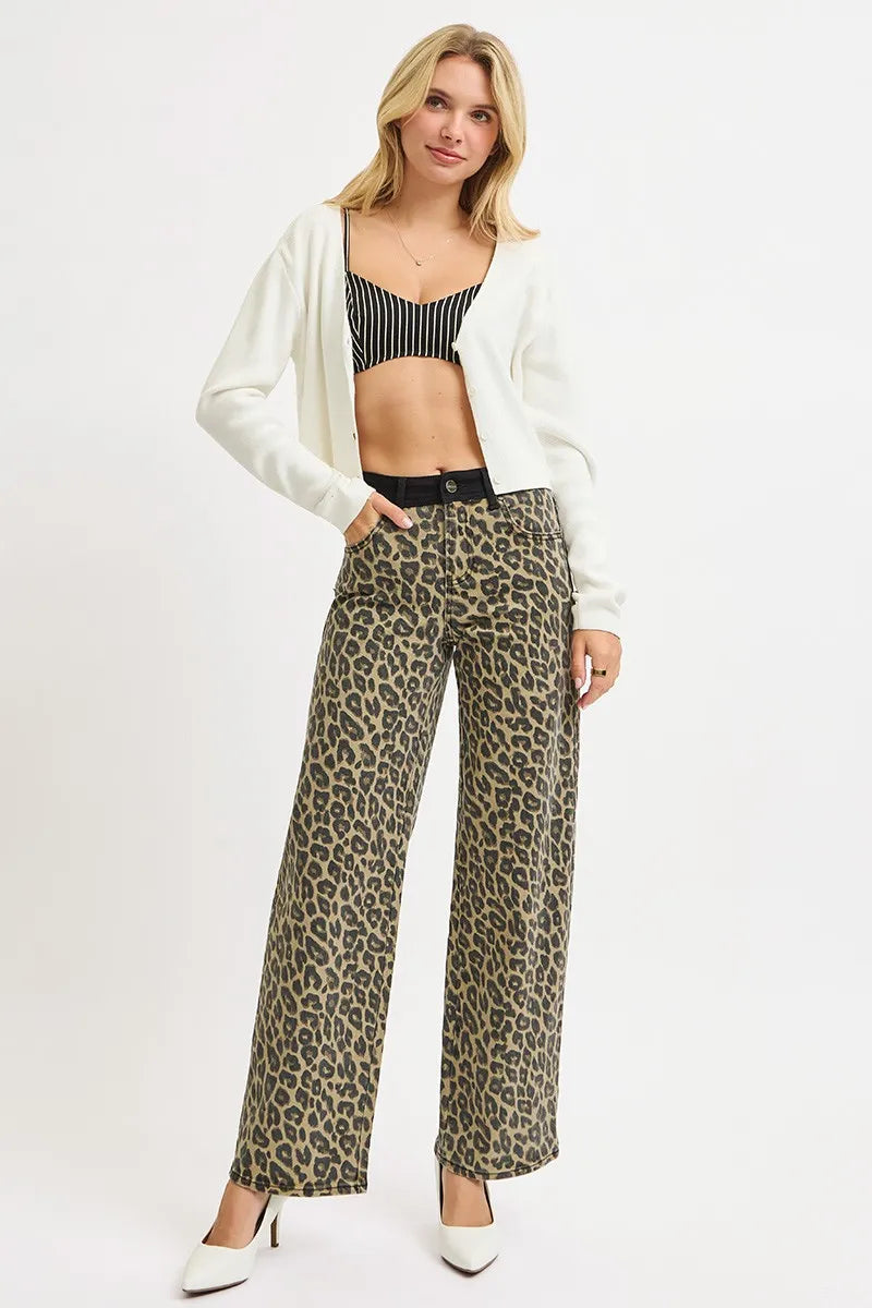 High Rise Wide Leg Leopard Print Jeans | Bold Contrast Waistband