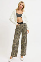 High Rise Wide Leg Leopard Print Jeans | Bold Contrast Waistband