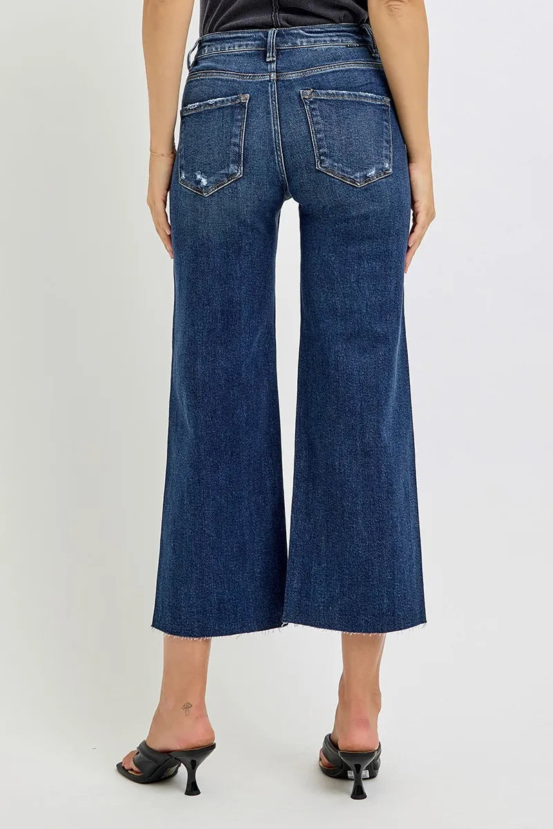 High-Waisted Wide-Leg Cropped Jeans – Button-Fly Medium Wash