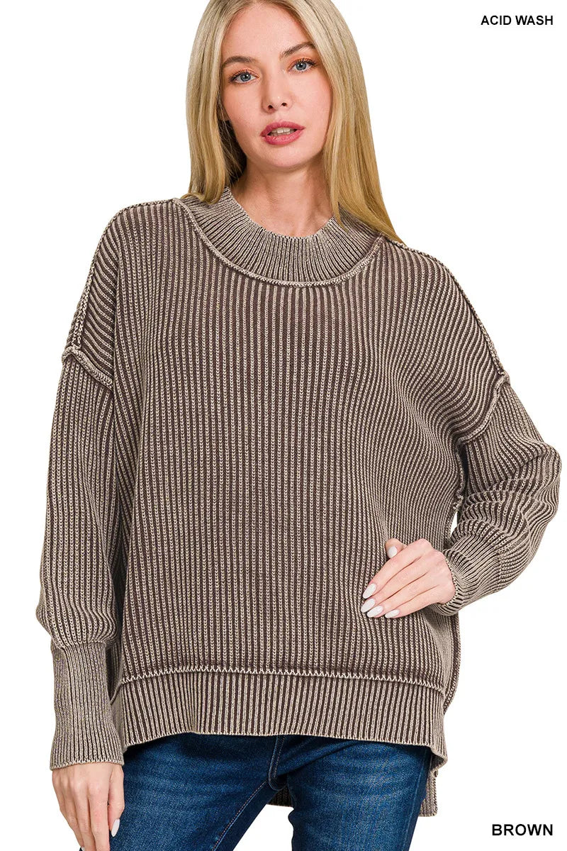 Washed Side Slit Oversized Sweater – Vintage Casual Knit Top