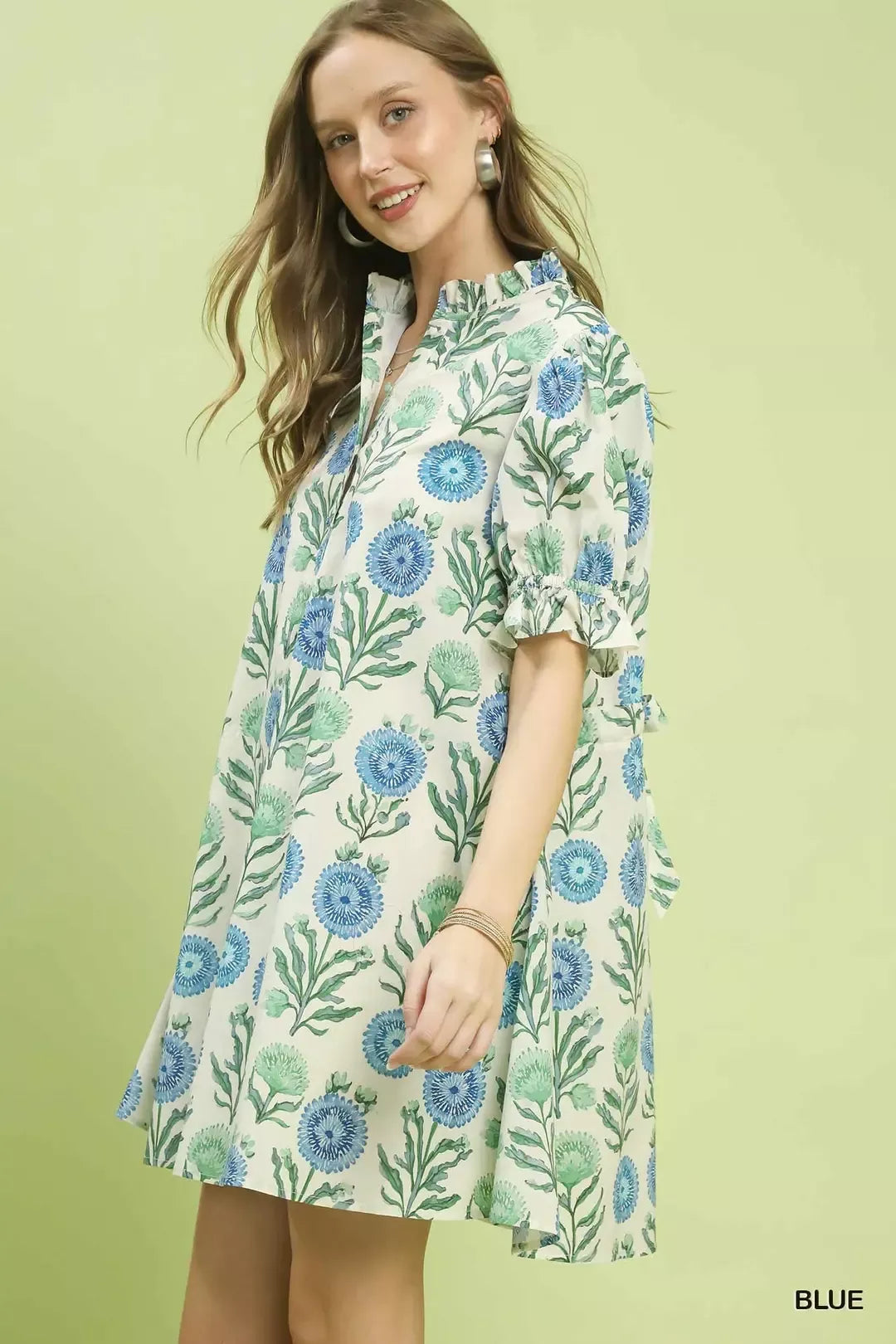 Blue floral babydoll dress, puff sleeves and V-neck with A-line skirt