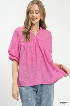Pink lace-trim crinkle boho blouse with V neckline and short puff sleeves