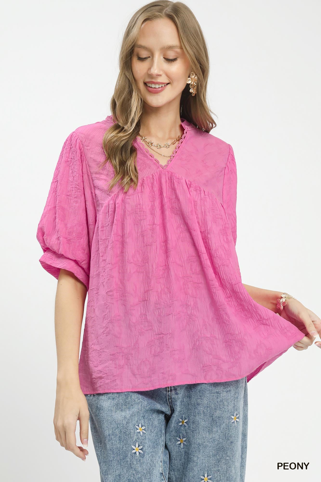 Pink lace-trim crinkle boho blouse with V neckline and short puff sleeves