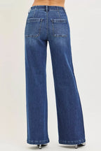 Women’s high-rise wide-leg dark blue jeans with two back patch pockets