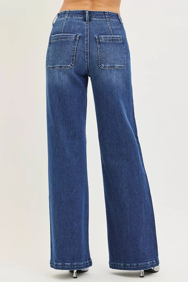 Women’s high-rise wide-leg dark blue jeans with two back patch pockets