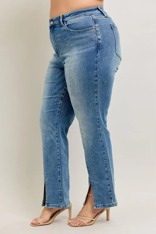 Medium blue high-waist straight jeans with front seam and side slit cuffs