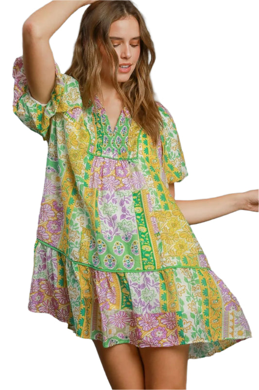 Umgee Smocked Floral Puff Sleeve Mini Dress