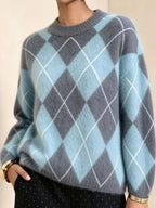 Fuzzy argyle knit sweater in light blue and gray with white diamond argyle