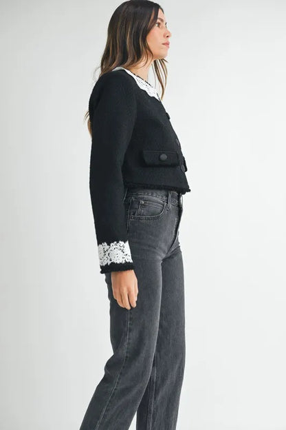 MABLE Lace Trim Collar Tweed Crop Jacket