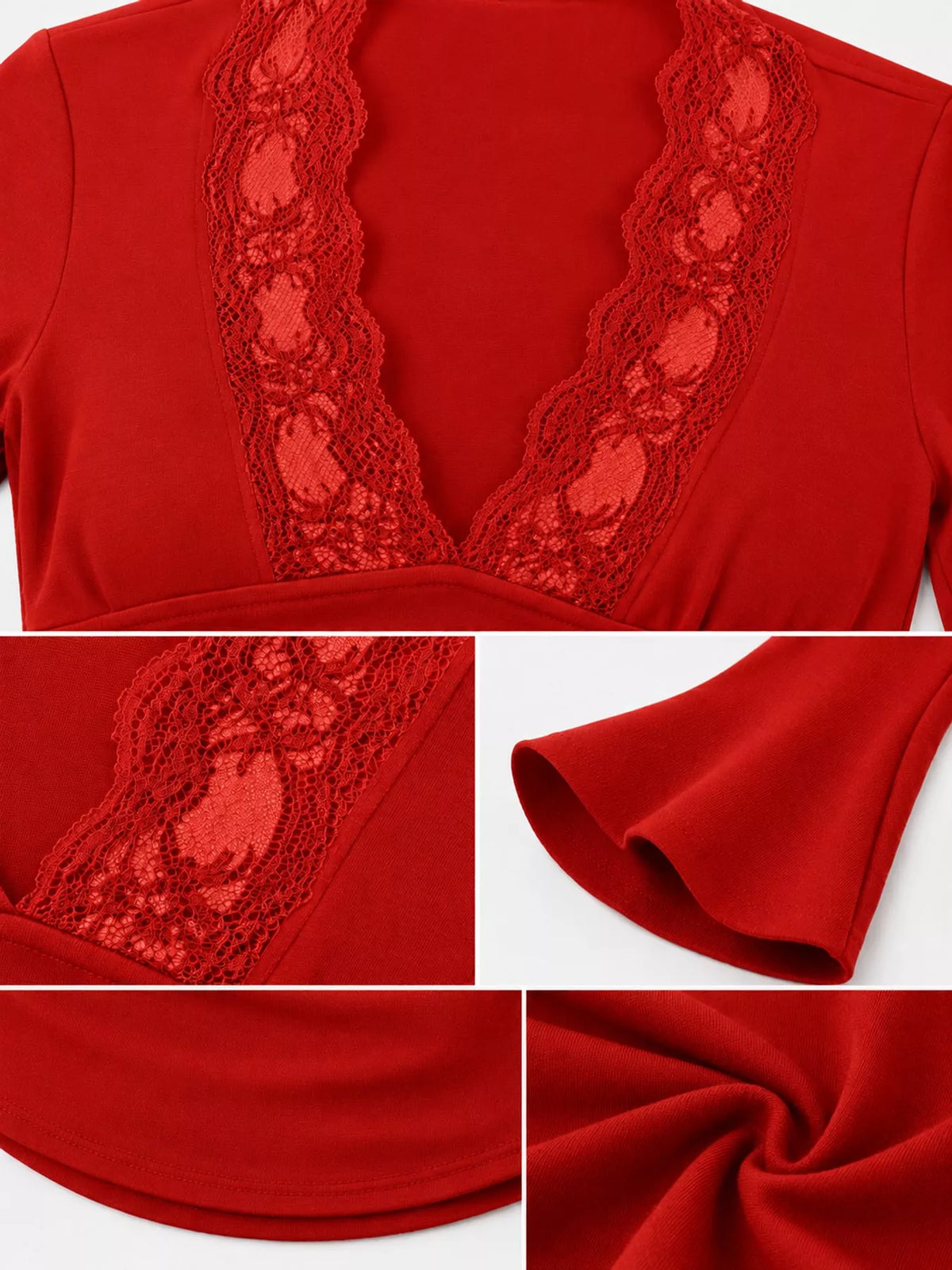 Red lace-trim V-neck long sleeve tee detail: lace yoke and flared cuff