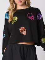 Sequin Skull Long Sleeve Sweatshirt – Edgy Casual Halloween Style