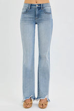 Mid Rise Flare Jeans with Tummy Control & Fray Hem | Trendy Fit