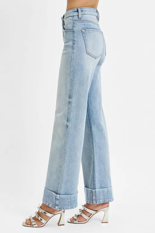Tummy Control High Rise Ankle Wide Cuffed Jeans | Slimming Trendy Fit