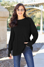 Black ribbed knit top with round neck and long sleeves, plus-size, front 3/4 view.