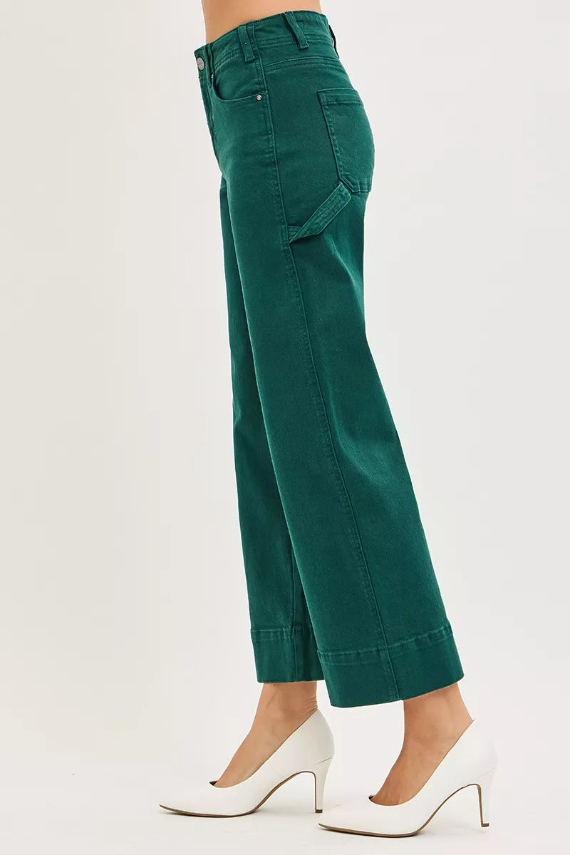 Hunter green high-rise wide-leg crop jeans for women, side view, patch pocket detail