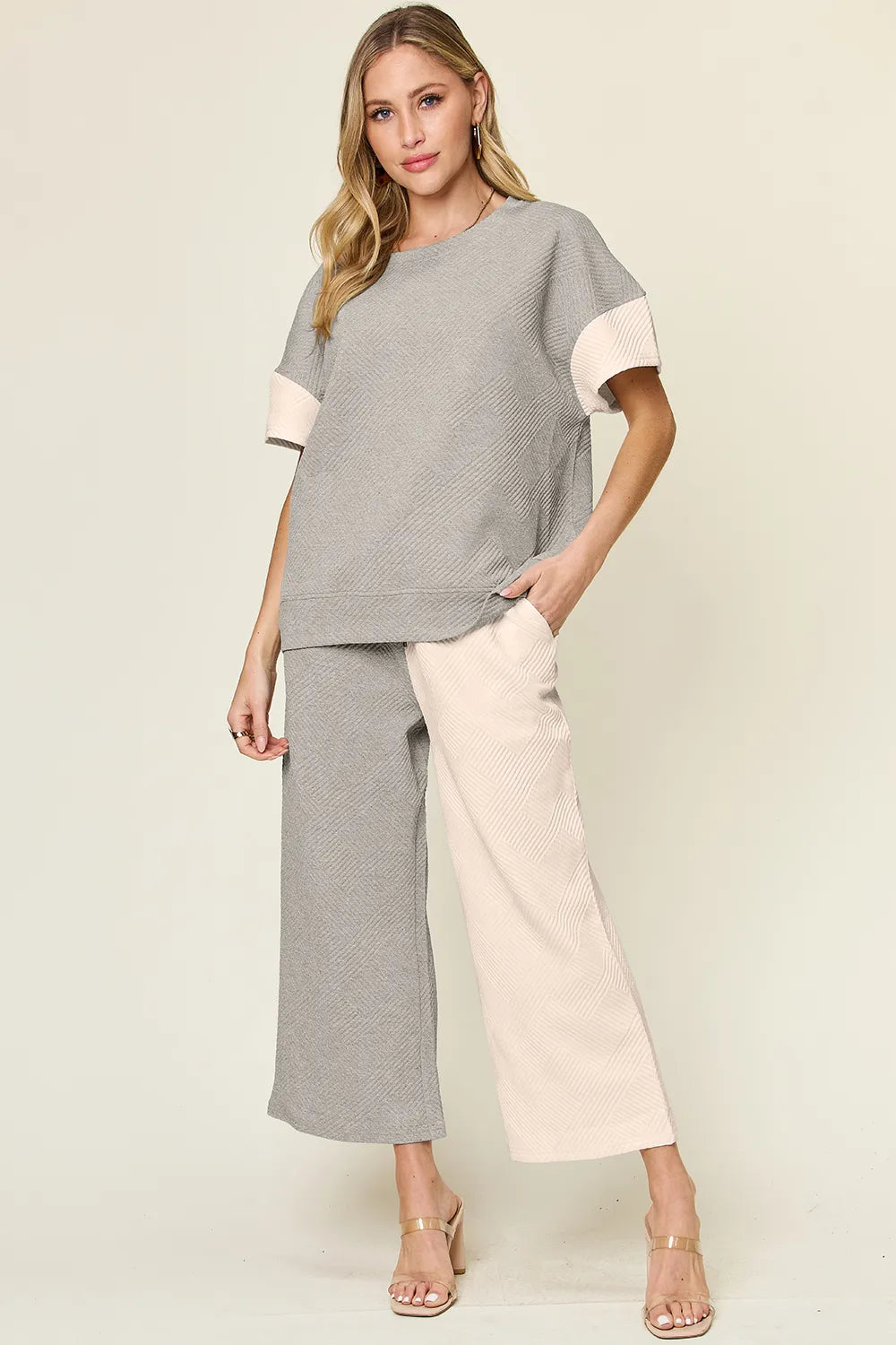 Texture Contrast T-Shirt & Wide Leg Pants Set – Chic, Comfy & Stylish