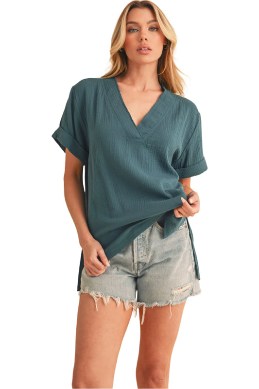 Aemi + Co Side Slit V-Neck Short Sleeve Blouse