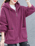 Rose red fleece zip-up hoodie with hood, front zipper, and two side pockets