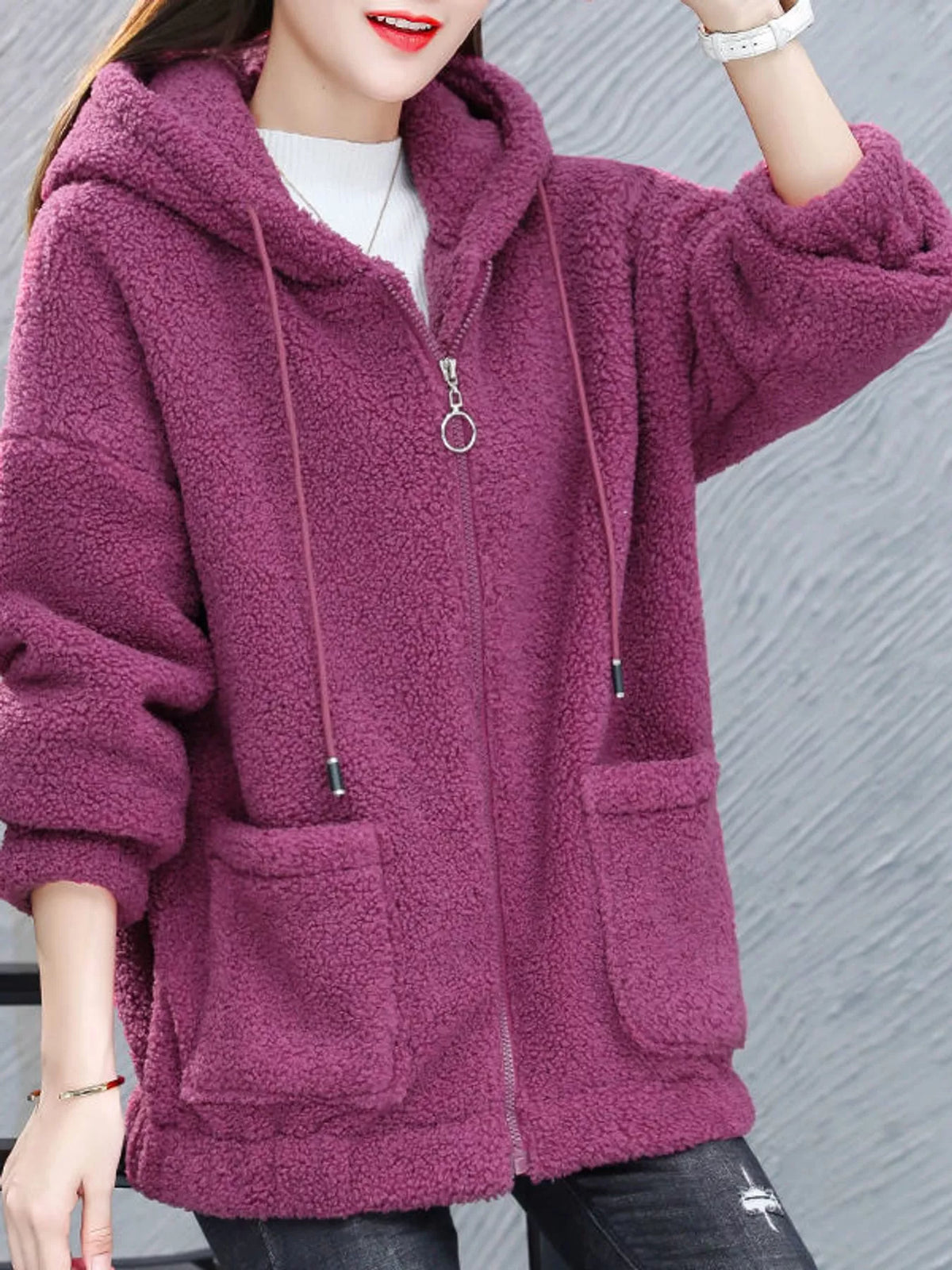 Rose red fleece zip-up hoodie with hood, front zipper, and two side pockets