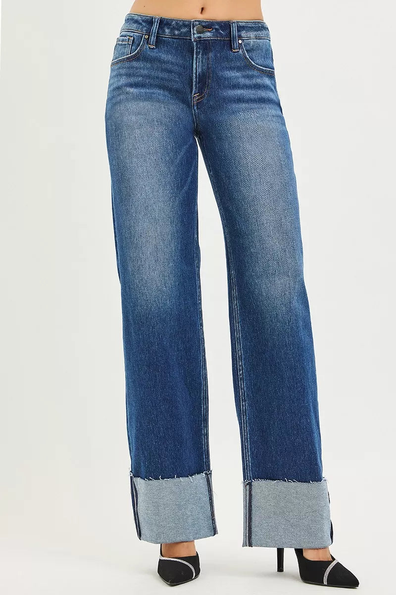 Women’s mid-rise wide-leg jeans in dark blue denim with back yoke detail