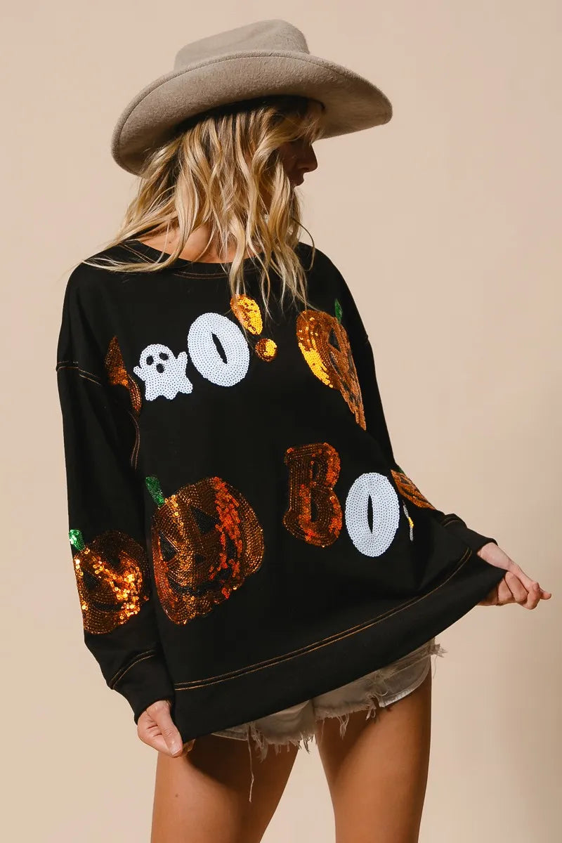 Halloween Sequin Pumpkin & Ghost Sweatshirt – Oversized Black Pullover