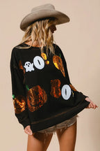 Halloween Sequin Pumpkin & Ghost Sweatshirt – Oversized Black Pullover