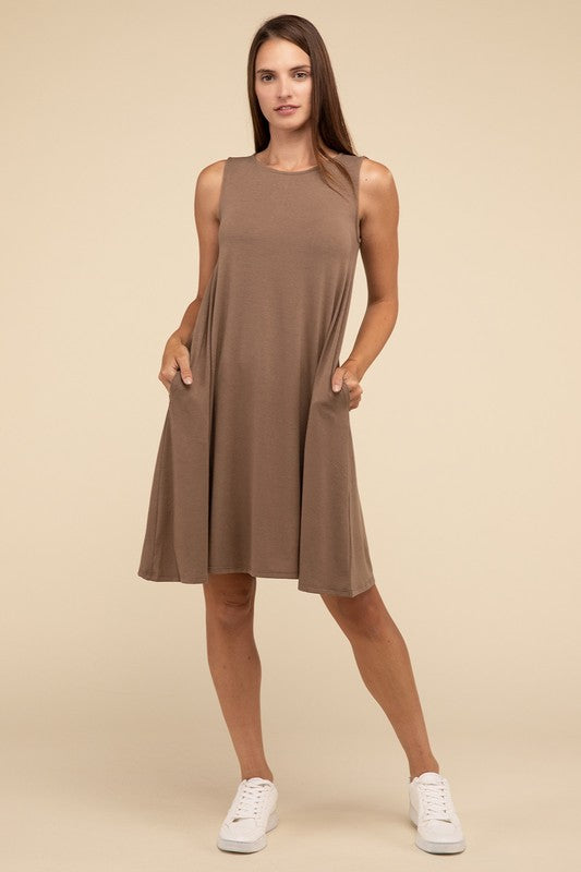 Zenana Sleeveless Flared Dress with Side Pockets