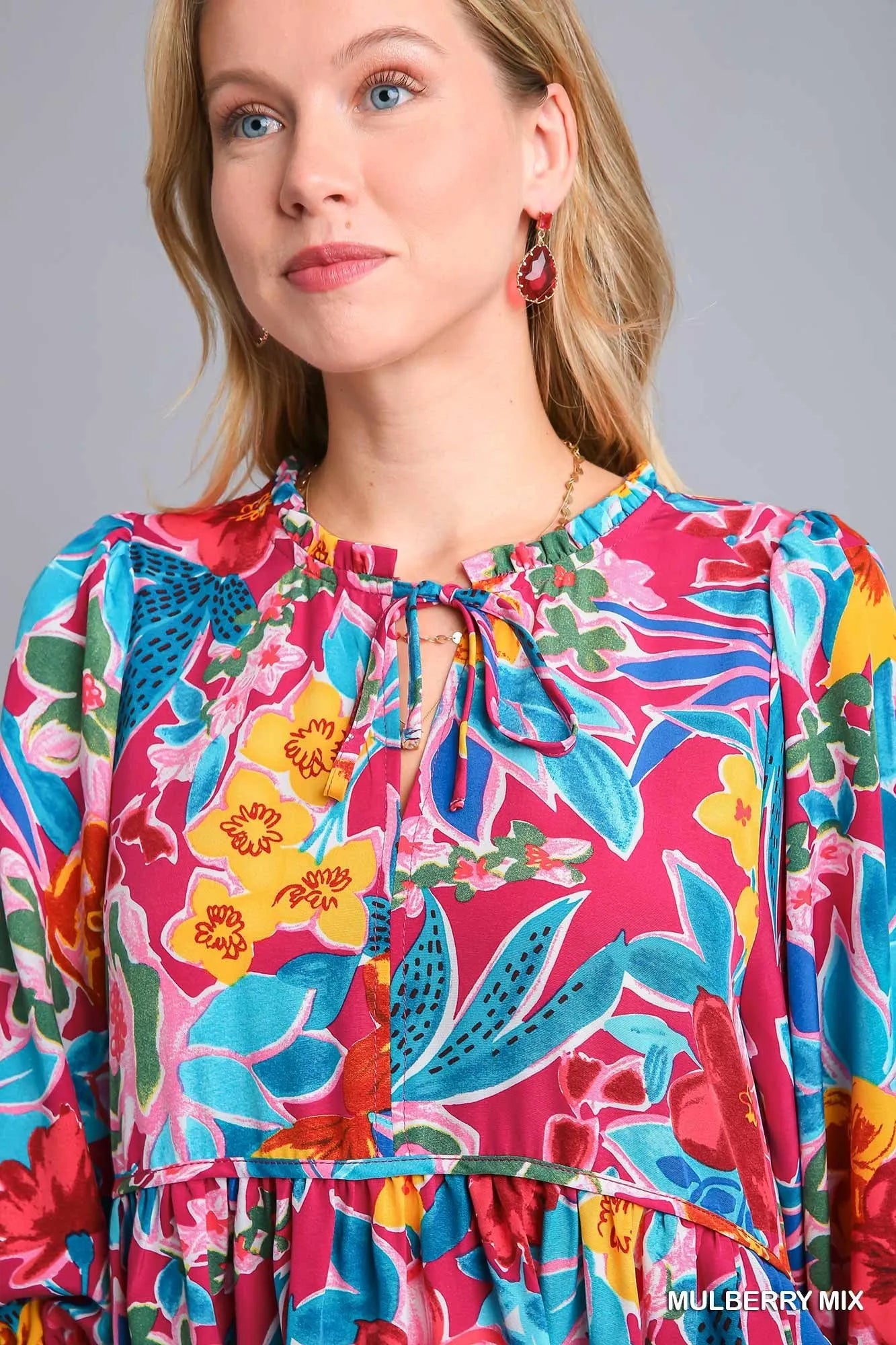 Floral Print Tie Neck Midi Dress with Pockets – Elegant & Chic